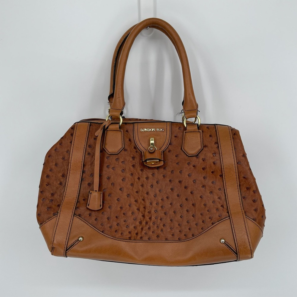 London Fog Womens Cognac Ostrich‎ Embossed Satchel Handbag Large
